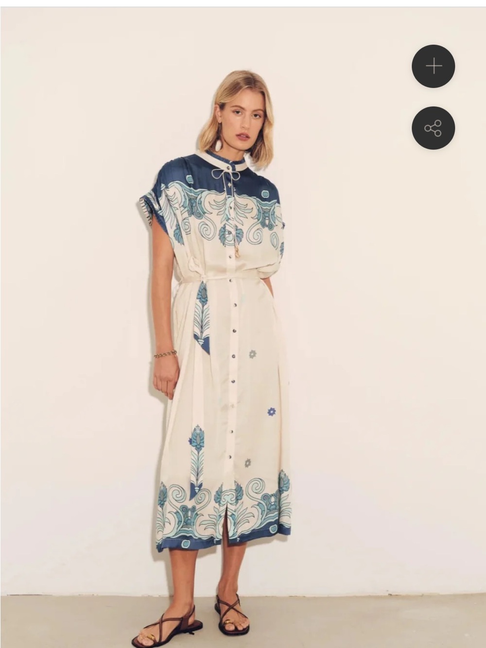 Bohemian Blue & Cream Printed Button-Front Midi Dress. VALERIE KAFTAN TILES CREA